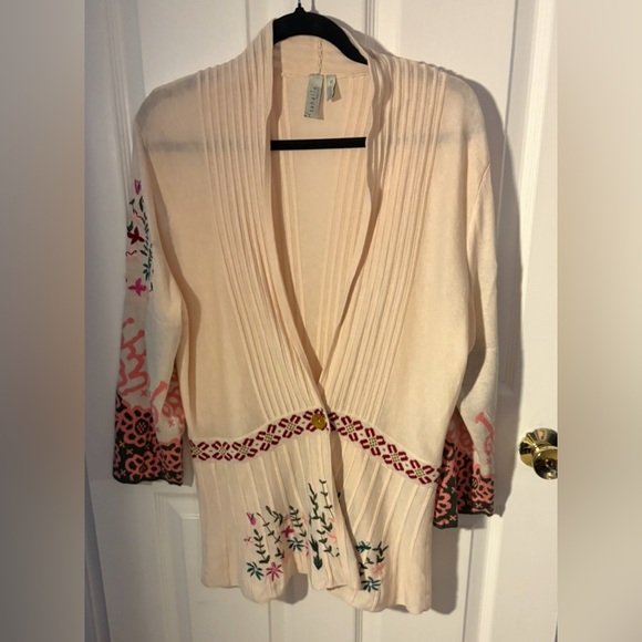 Sahalie Cream Cardigan with Pink and Maroon Accents - Picture 1 of 10